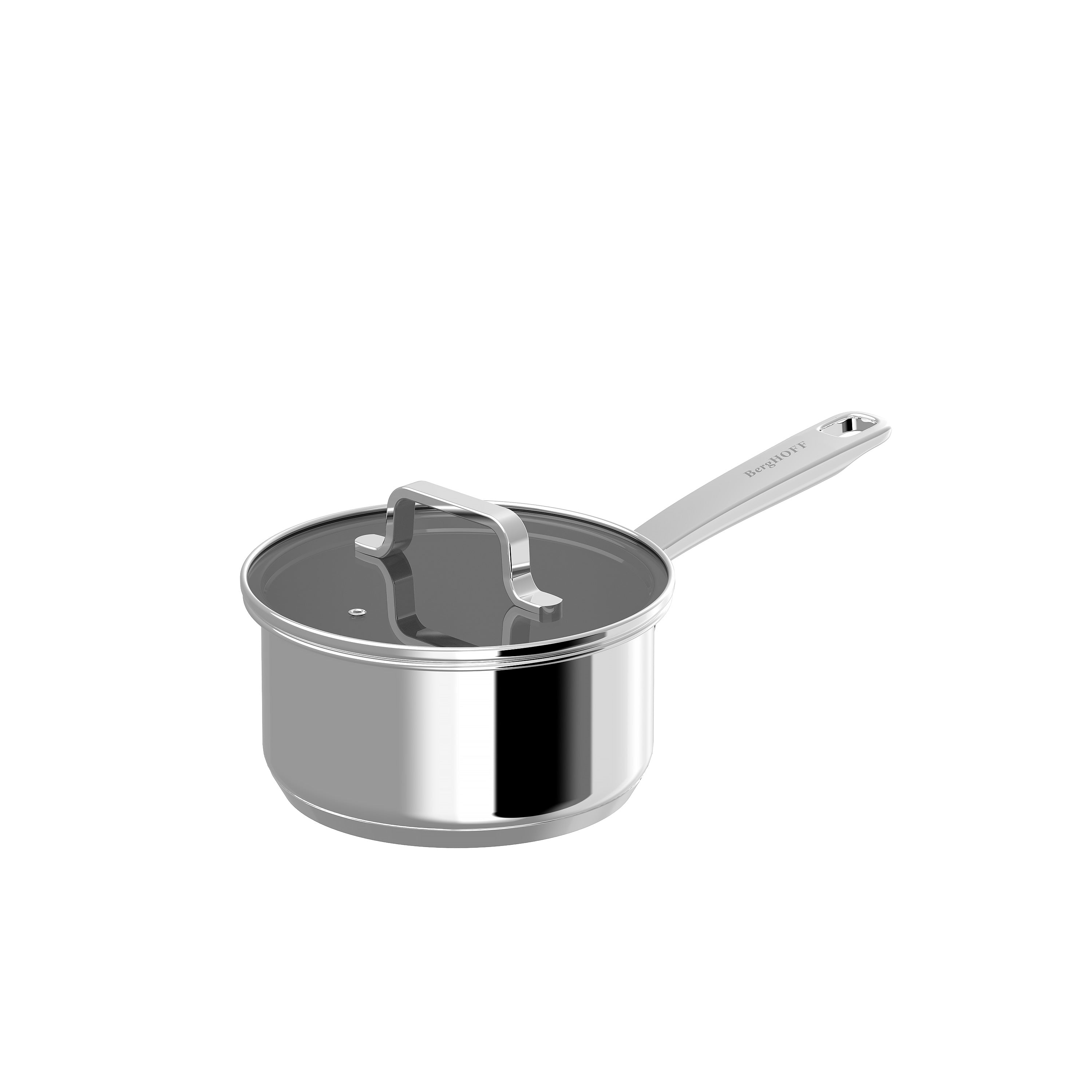A stainless steel saucepan with a glass lid and a long handle. The handle has the word Bergoff on it.