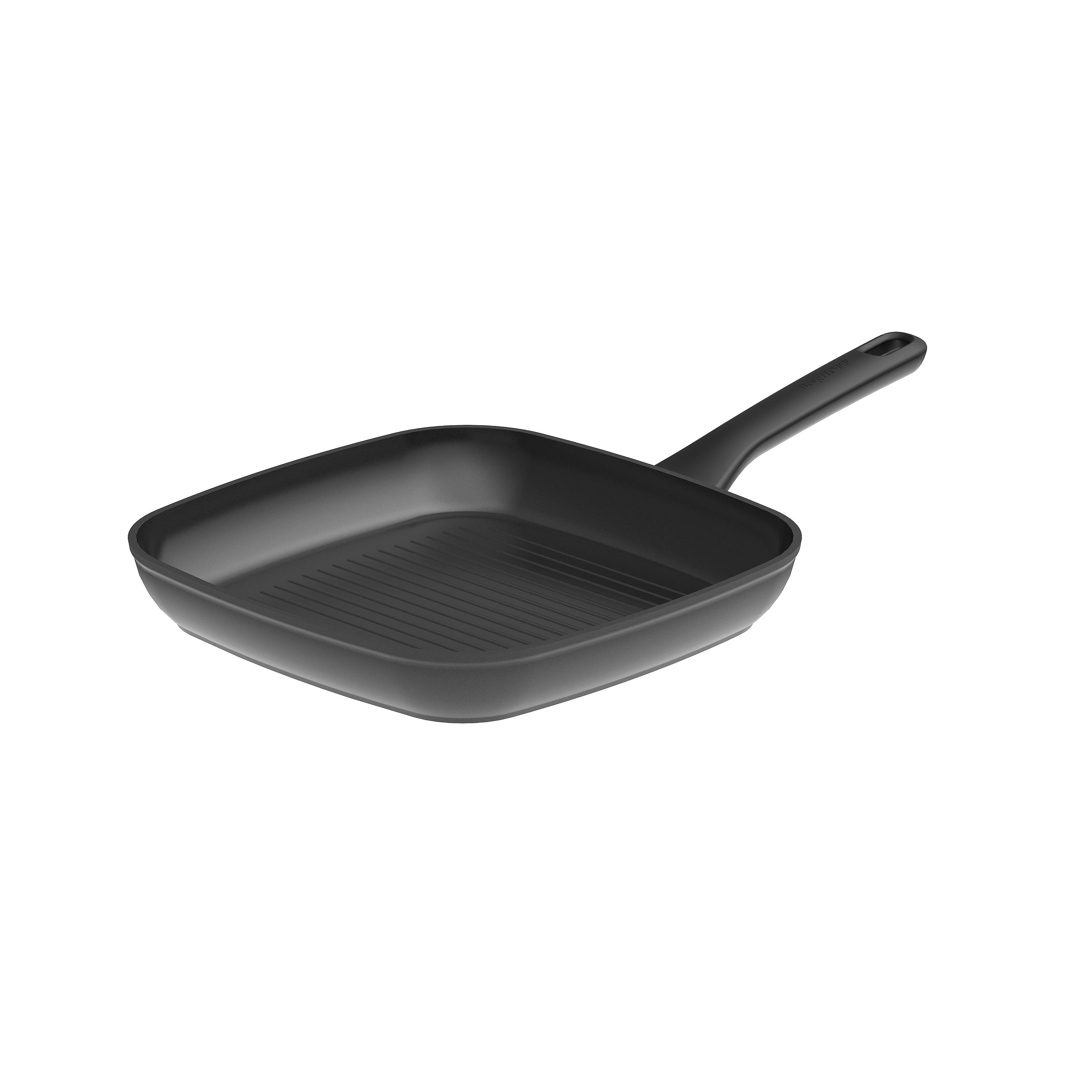 A black grill pan with a handle, set against a white background.