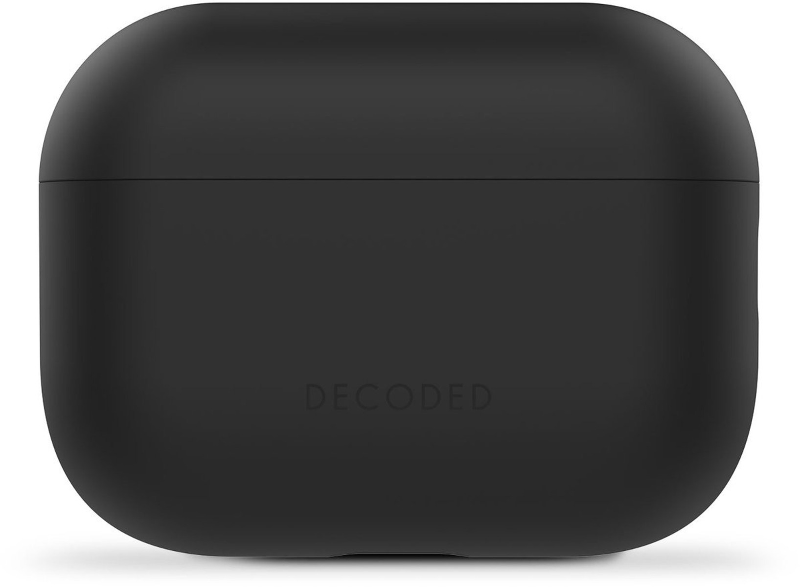 A close-up of a black, rounded case with the word "DECODED" embossed on the front. The case is smooth and has a lid.