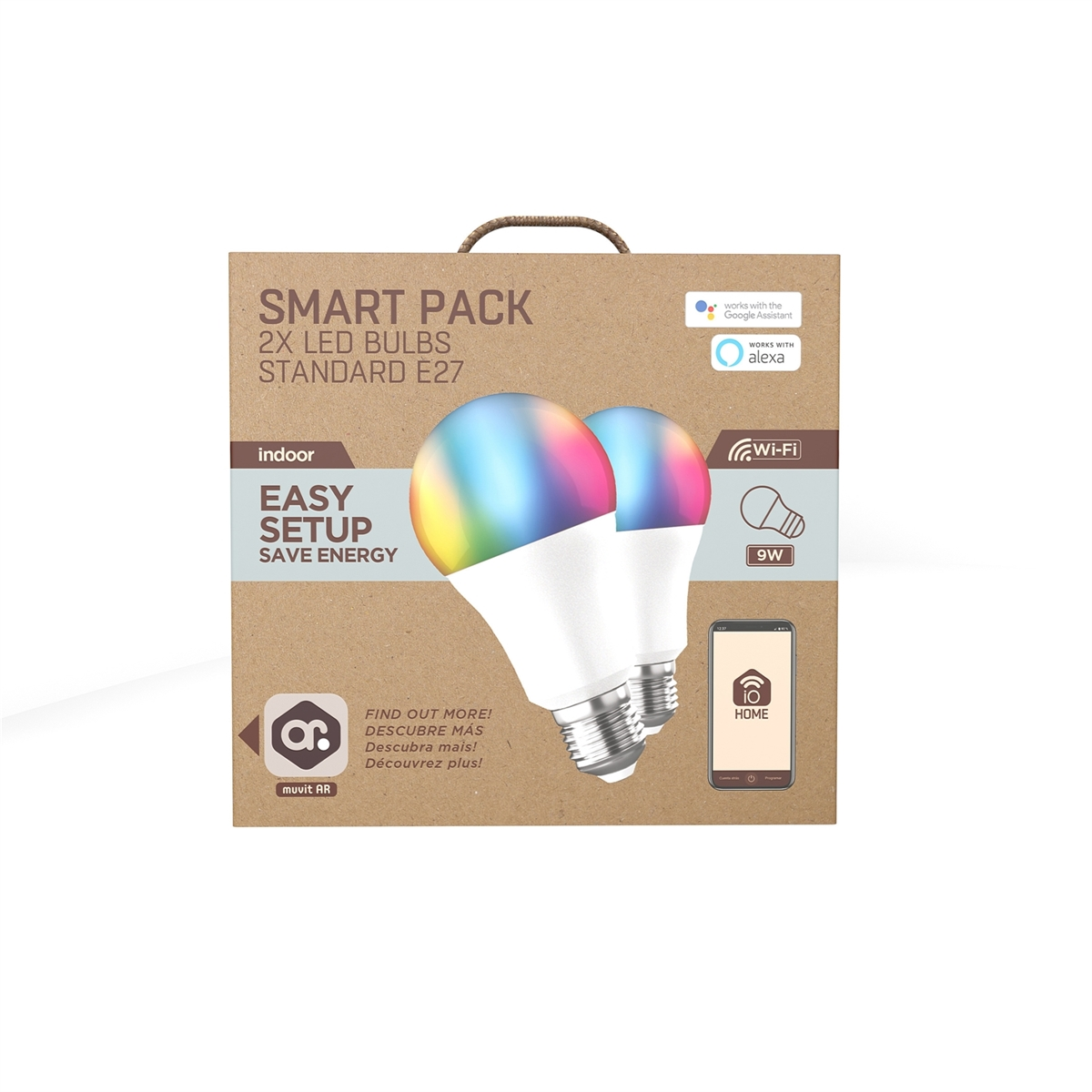 Pudełko z dwiema inteligentnymi żarówkami LED. Żarówki są białe z kolorowym światłem. Tekst zawiera 'Smart Pack' i 'Easy Setup'.