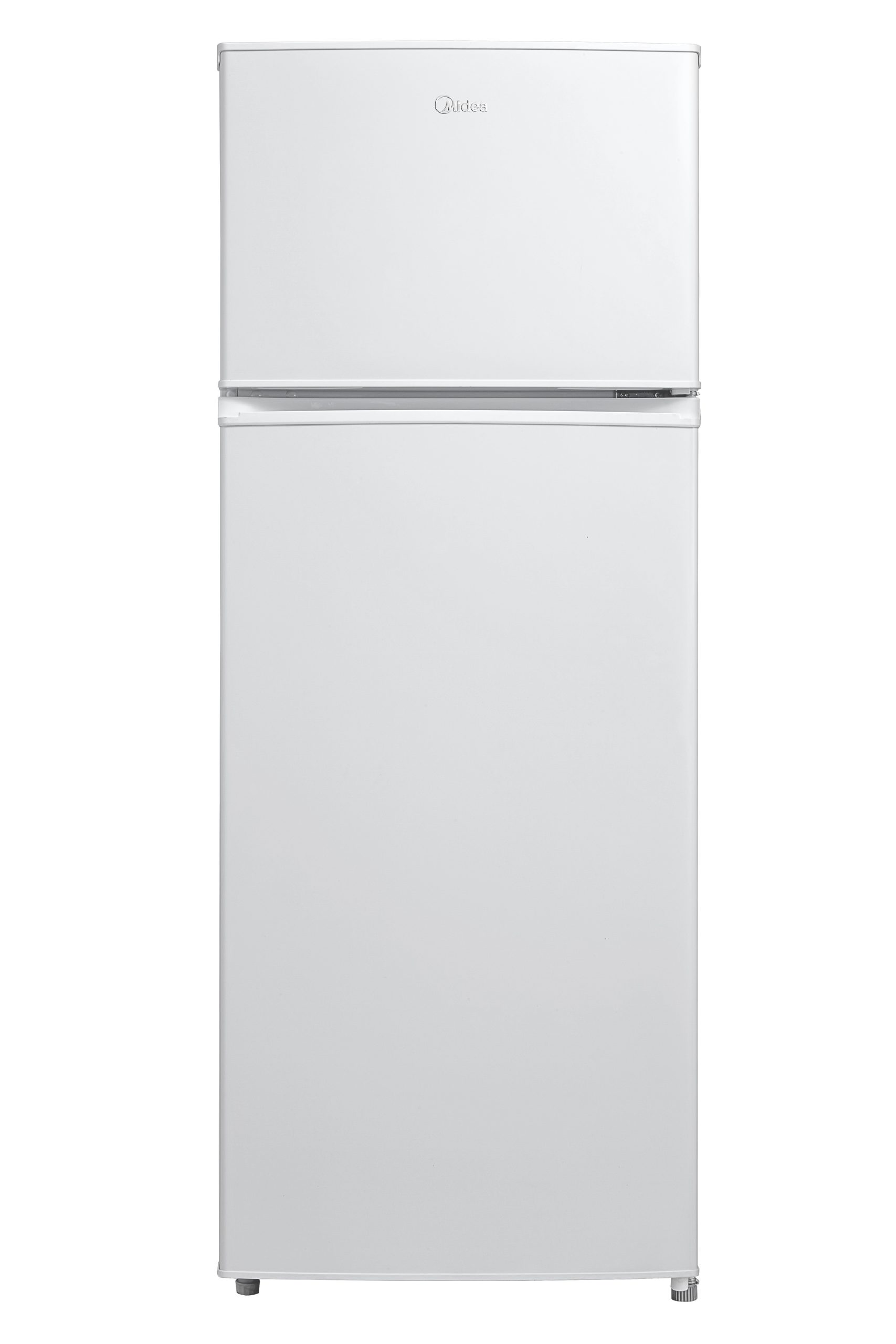 Un frigorifero bianco con congelatore superiore. Il logo Midea è visibile. È su sfondo bianco.