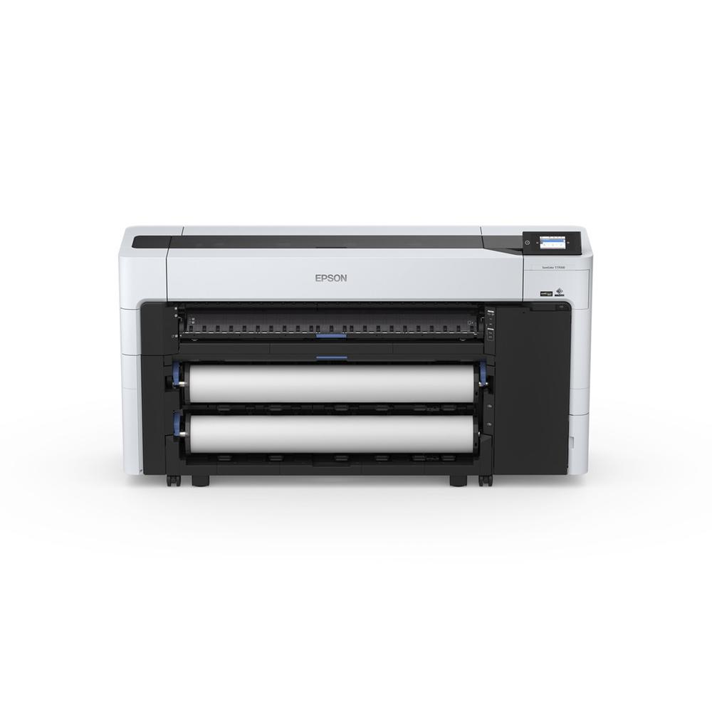 Una stampante Epson bianca con dettagli neri. Due rotoli di carta sono visibili frontalmente. Il logo Epson è centrato.