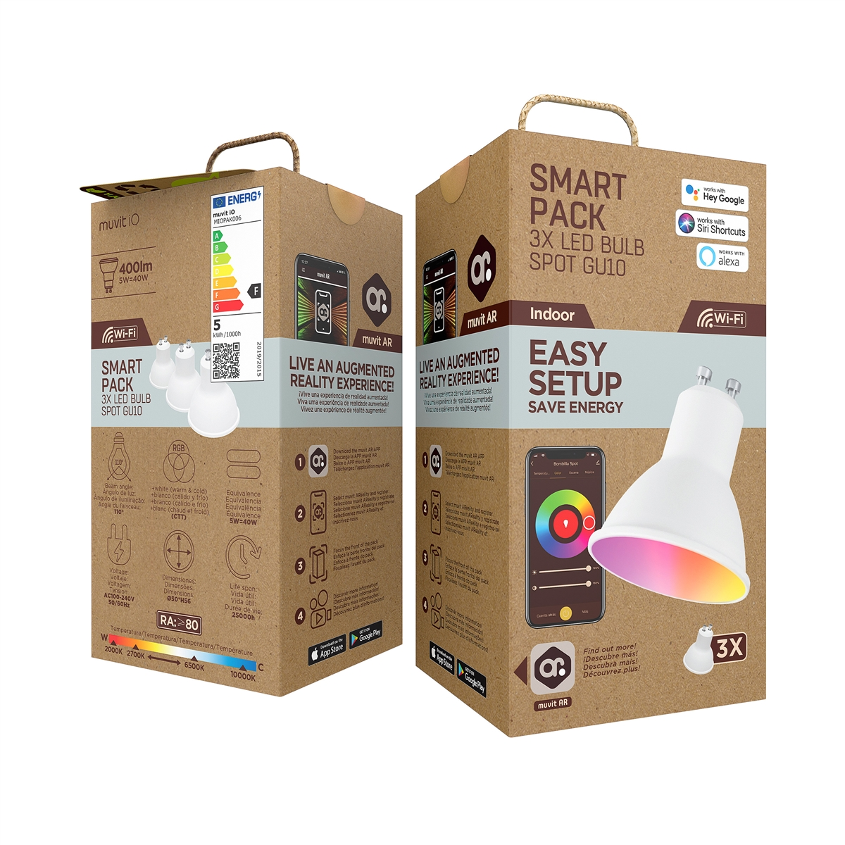 Dwa pudełka z inteligentnymi żarówkami LED. Tekst zawiera 'Smart Pack', 'Wi-Fi' i 'Easy Setup'.