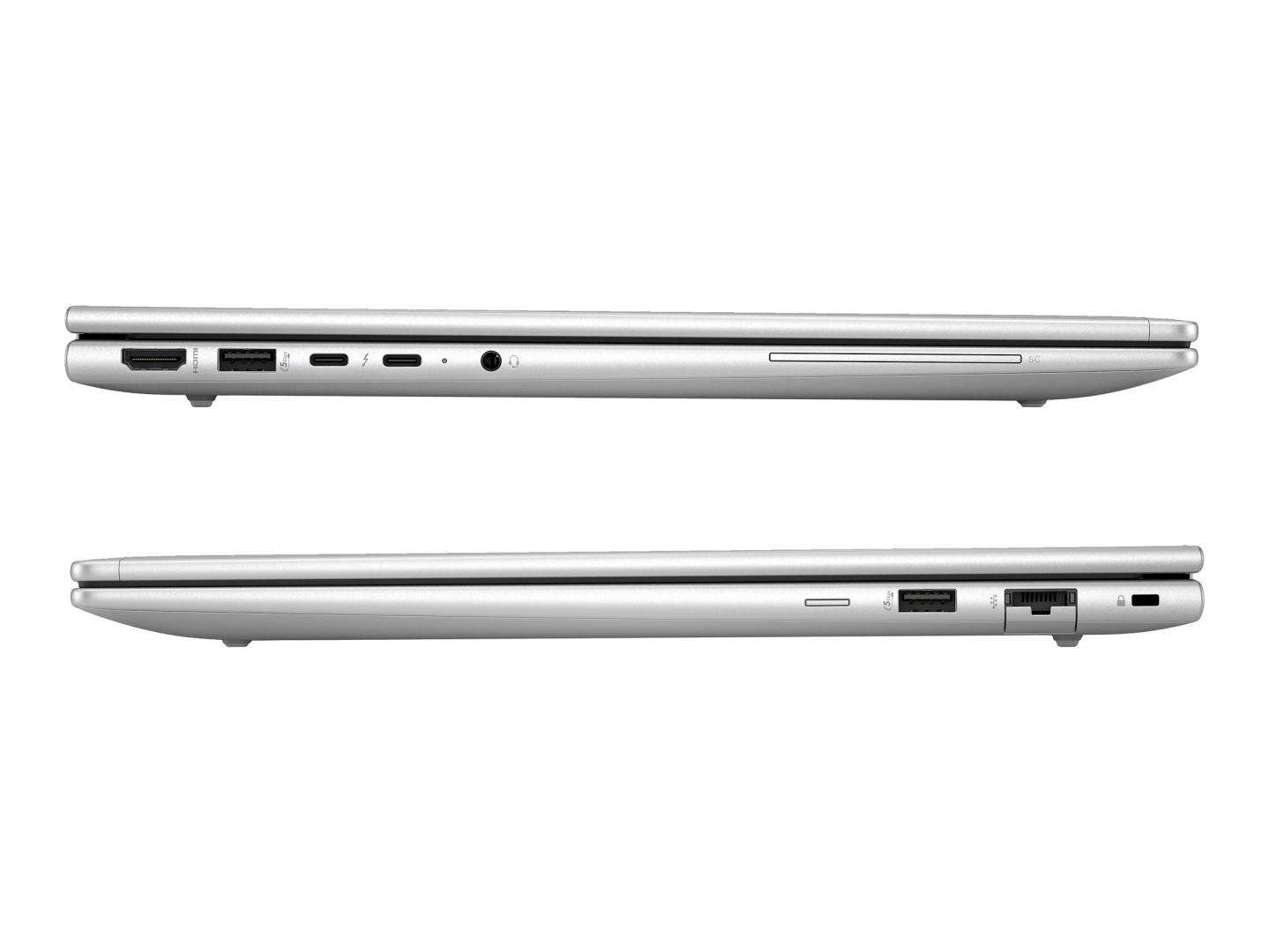 Dwa srebrne laptopy widać z boku, z widocznymi portami. Górny ma HDMI, USB-C i audio. Dolny ma porty USB.