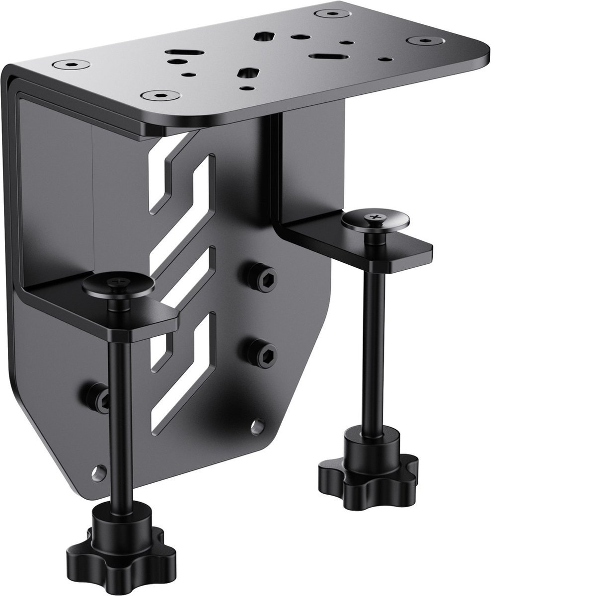 Een zwarte metalen montagebeugel met verstelbare knoppen en diverse schroefgaten, geïsoleerd op witte achtergrond.