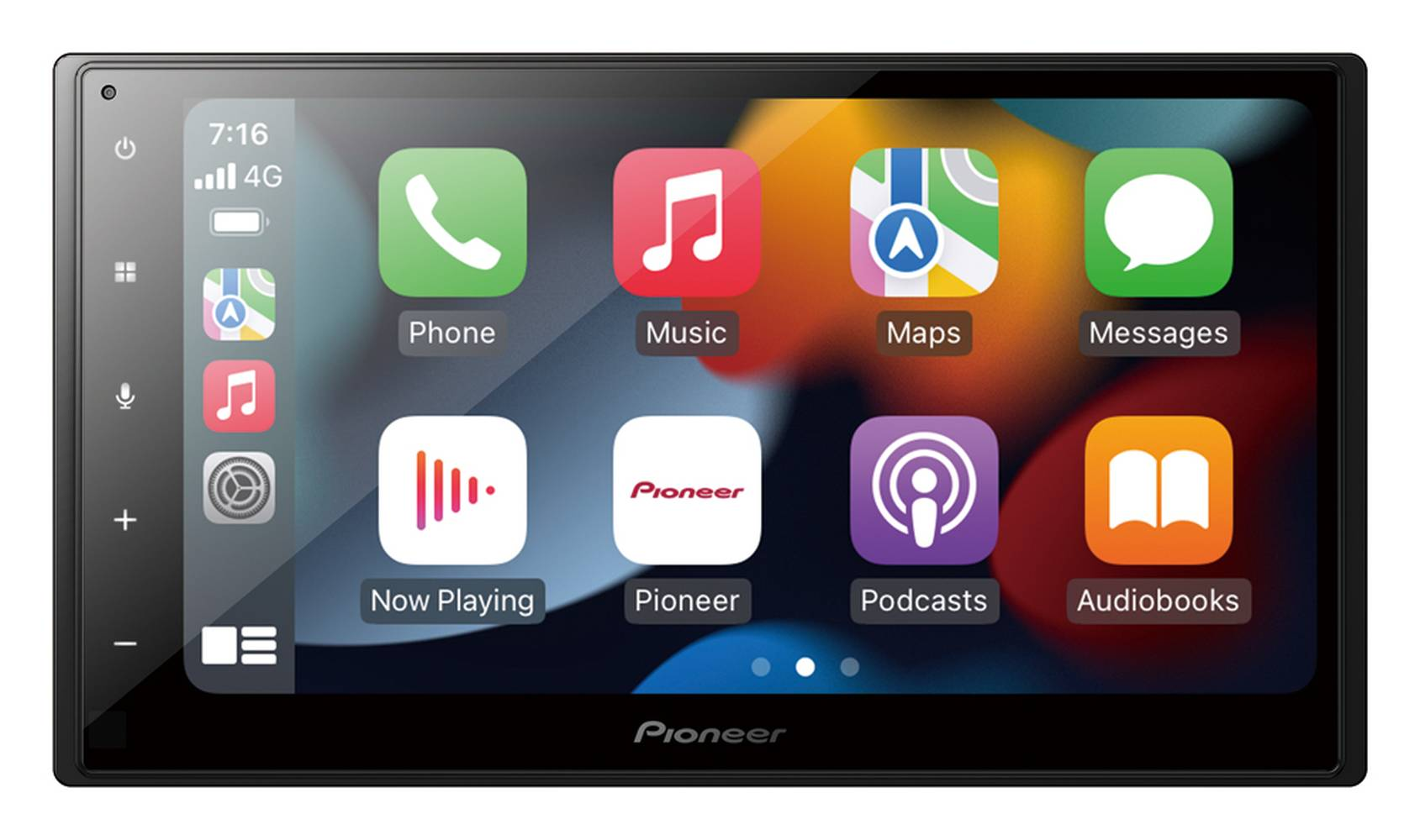 Pantalla táctil de coche con iconos de aplicaciones: Teléfono, Música, Mapas, Mensajes, Reproduciendo, Pioneer, Podcasts, Audiolibros. Hora: 7:16, 4G.