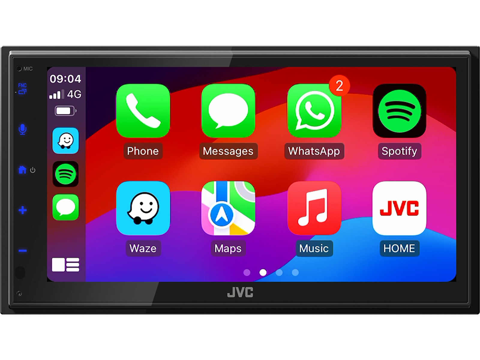 Ein Auto-Multimedia-System zeigt App-Symbole: Telefon, Nachrichten, WhatsApp, Spotify, Waze, Maps, Musik und Home, mit farbenfrohem Hintergrund.