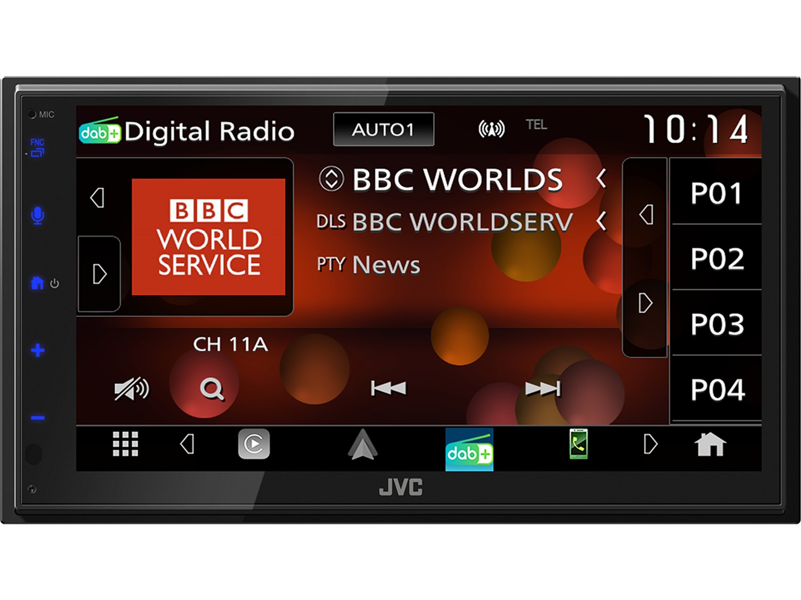 Autoradio-Bildschirm mit BBC World Service. Zeigt Stationsinfo, Uhrzeit und Tasten. Hintergrund hat rote und orange Kreise.