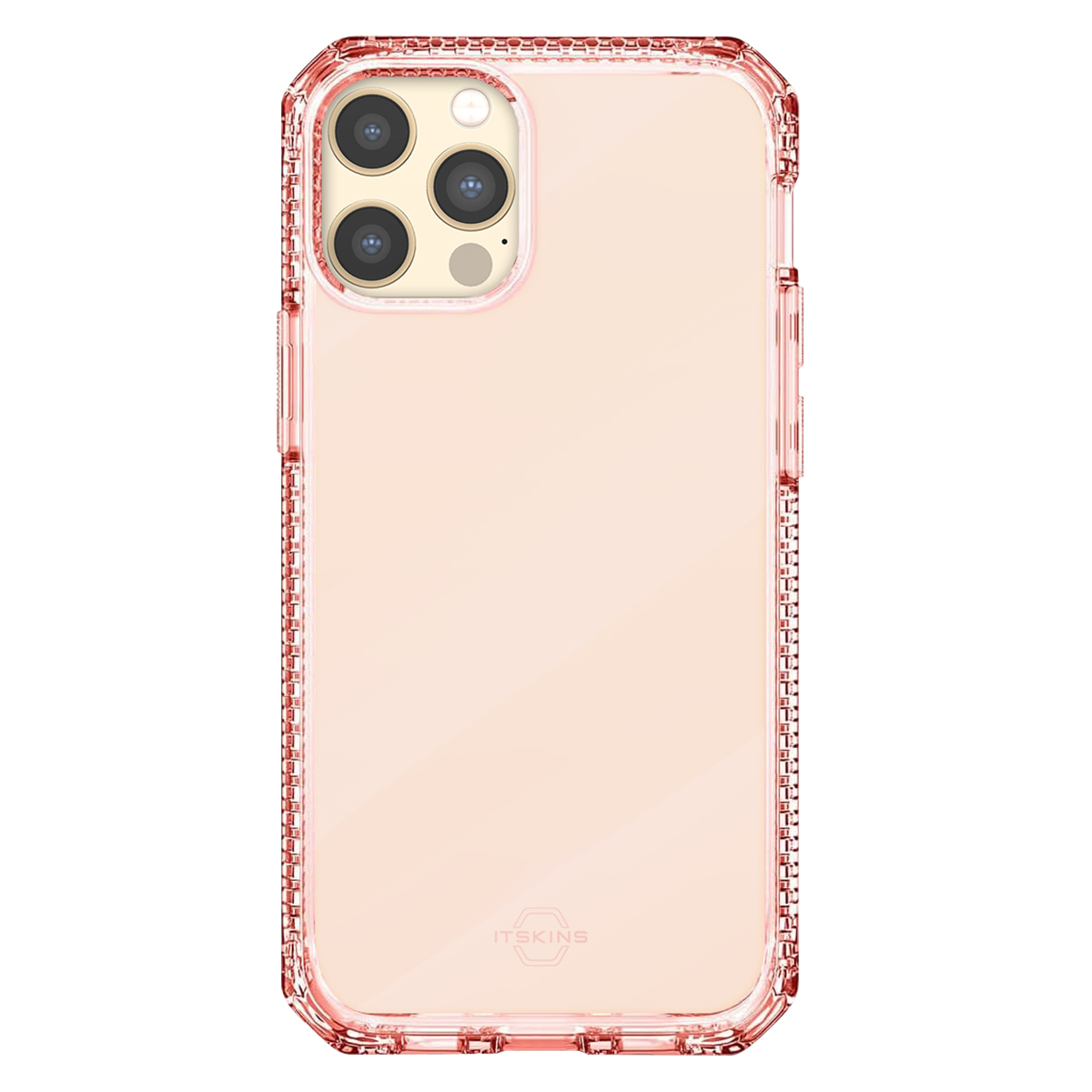 Una custodia trasparente per iPhone con una sfumatura rosata. Ha una cornice protettiva e ritagli per la fotocamera. Lo sfondo è bianco.