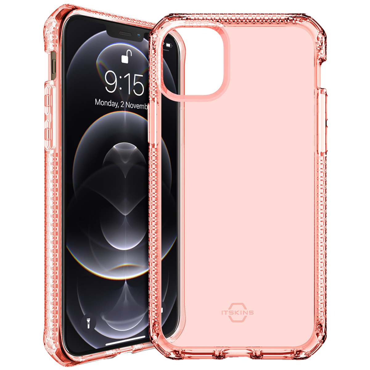 Una custodia per telefono color oro rosa accanto a un telefono che mostra le 9:15, lunedì 2 novembre. La custodia ha un design rosa trasparente.