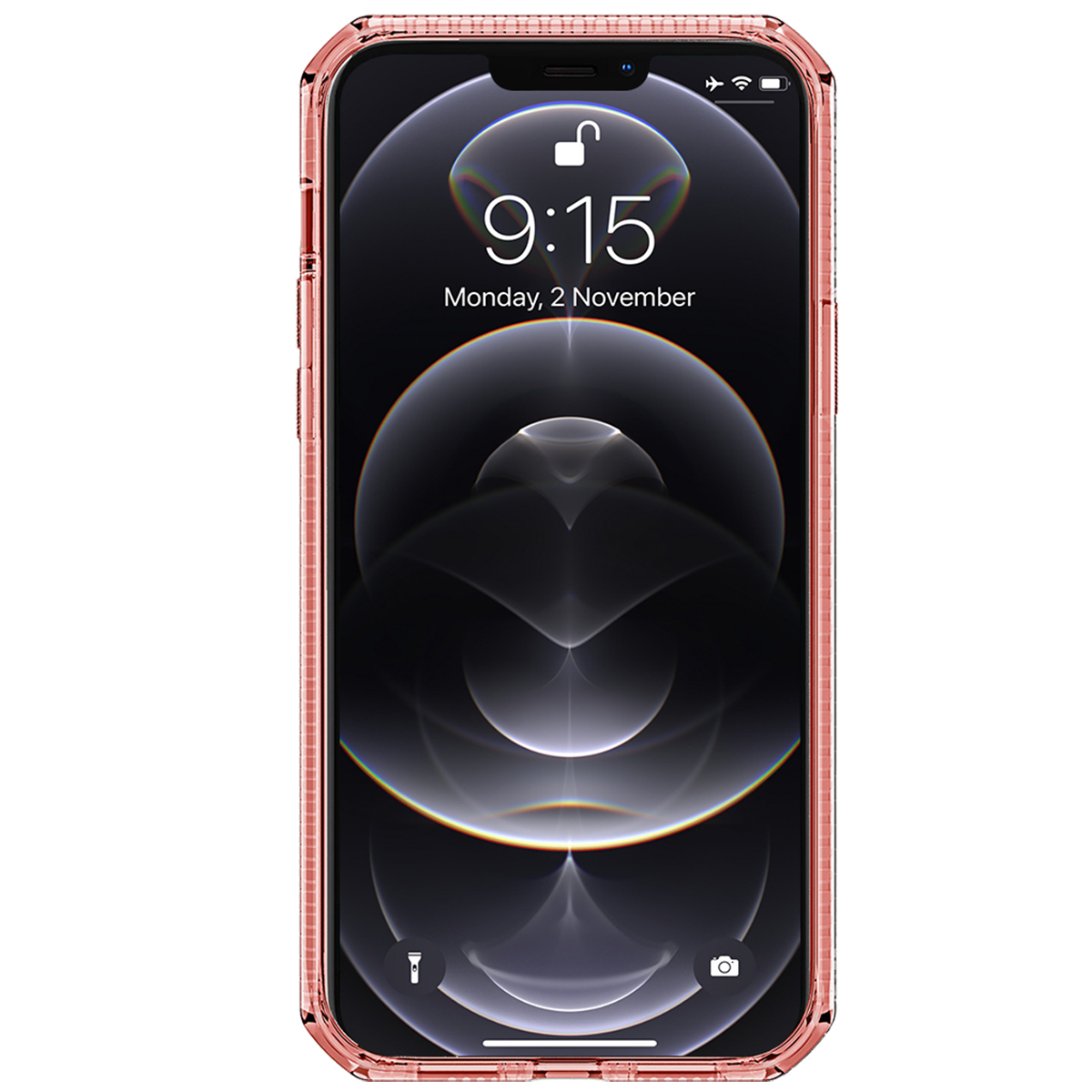 Un iPhone con custodia color oro rosa che mostra l'ora 9:15 del 2 novembre. La custodia ha un design protettivo.