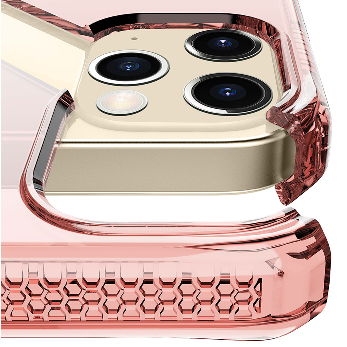 Primo piano della fotocamera di un telefono, racchiusa in una custodia rosa trasparente. La custodia ha un design a nido d'ape nella parte inferiore.