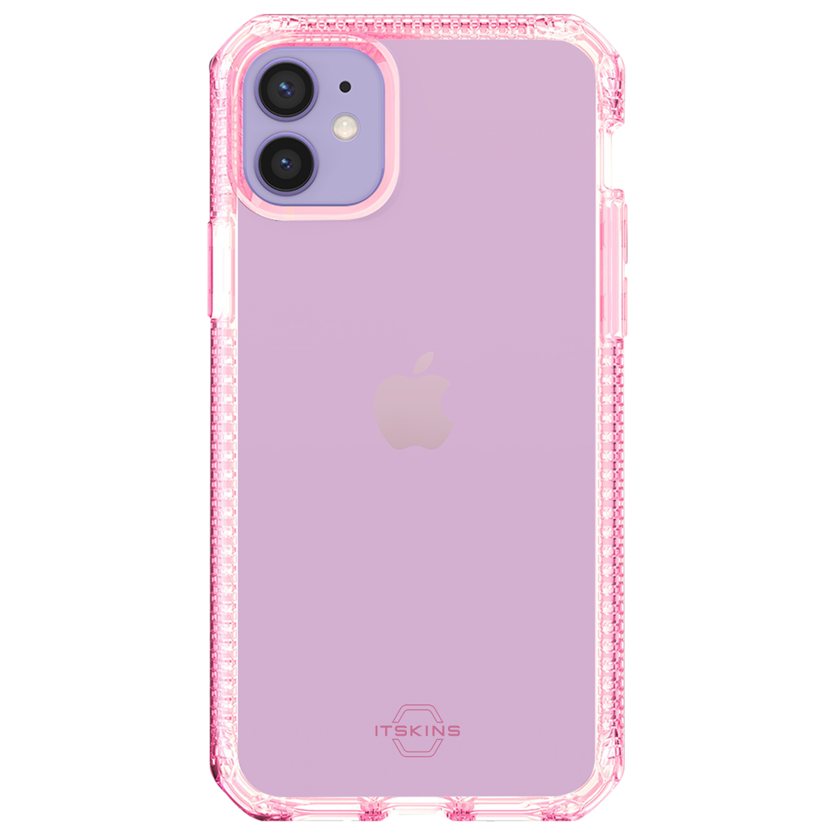 Un iPhone 12 rosa in una custodia rosa trasparente. Il telefono ha un'area fotocamera viola e un logo Apple rosa su sfondo rosa.