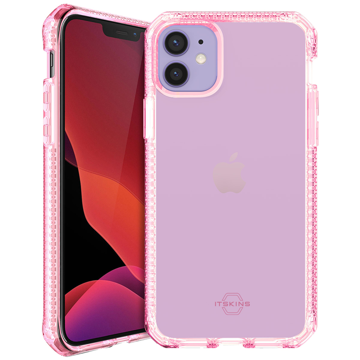 Due iPhone in custodie rosa. Uno mostra uno schermo rosso, l'altro ha un retro viola con il logo Apple e ITSKINS.