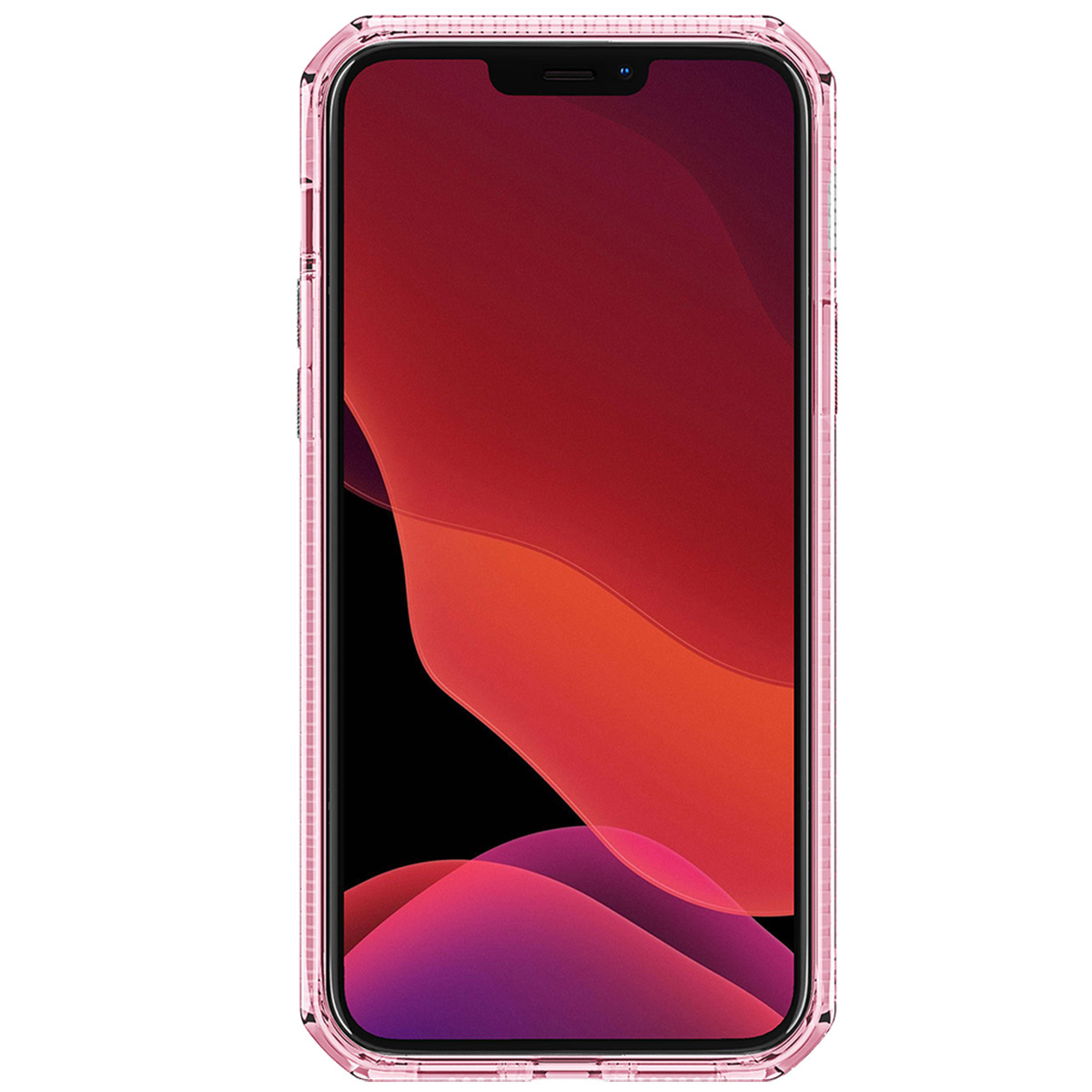 Uno smartphone in una custodia rosa. Lo schermo mostra una sfumatura di rosso, arancione e viola. La custodia ha un design trasparente e protettivo.