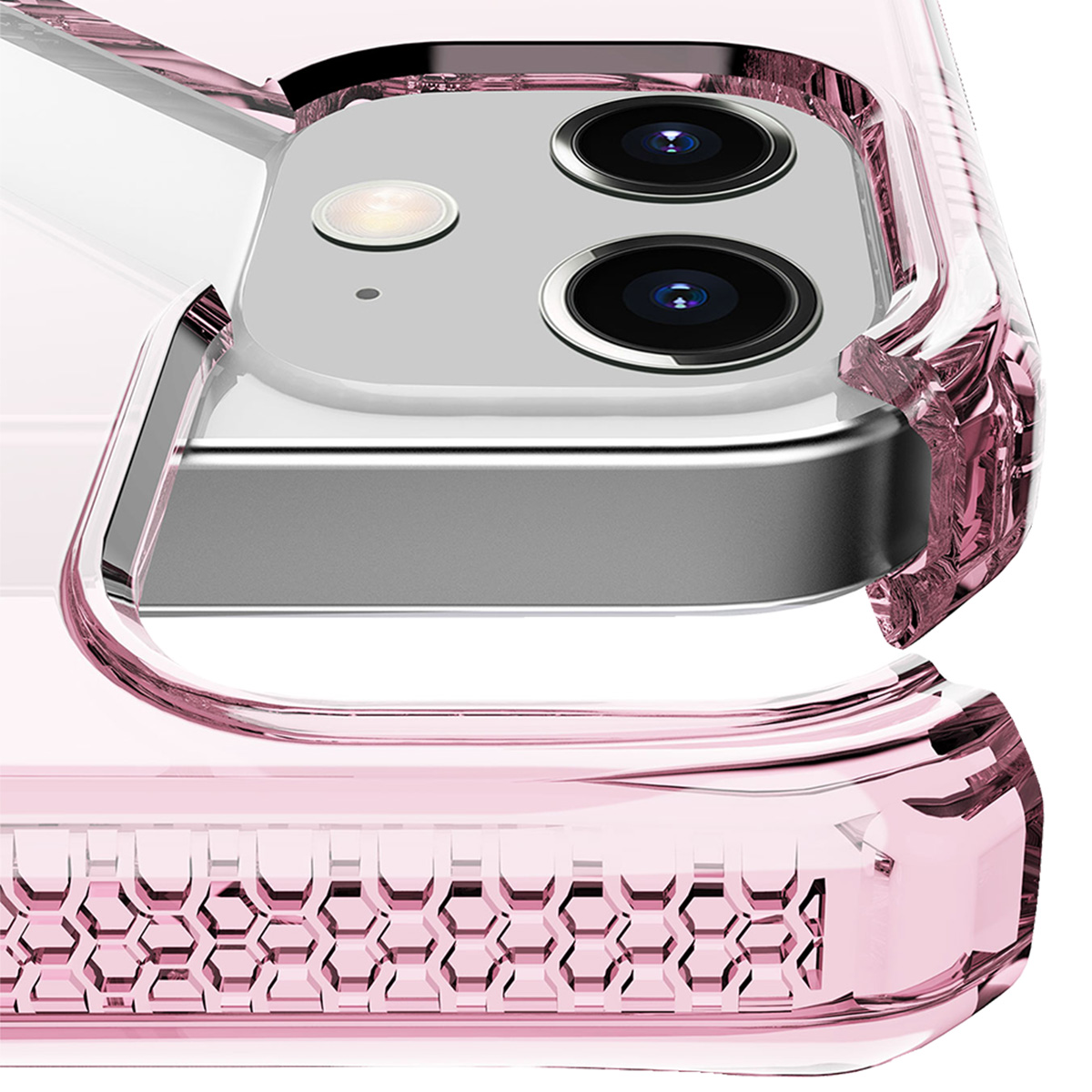 Primo piano di una custodia rosa per telefono su un telefono argentato. La custodia ha un motivo a nido d'ape e bordi trasparenti. Obiettivi della fotocamera visibili.