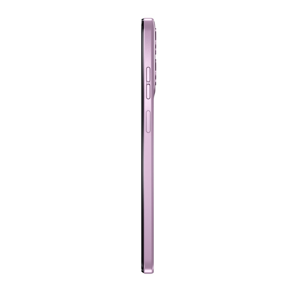 Vista lateral de un smartphone morado. Tiene botones de volumen y encendido en el lateral. El fondo es blanco.