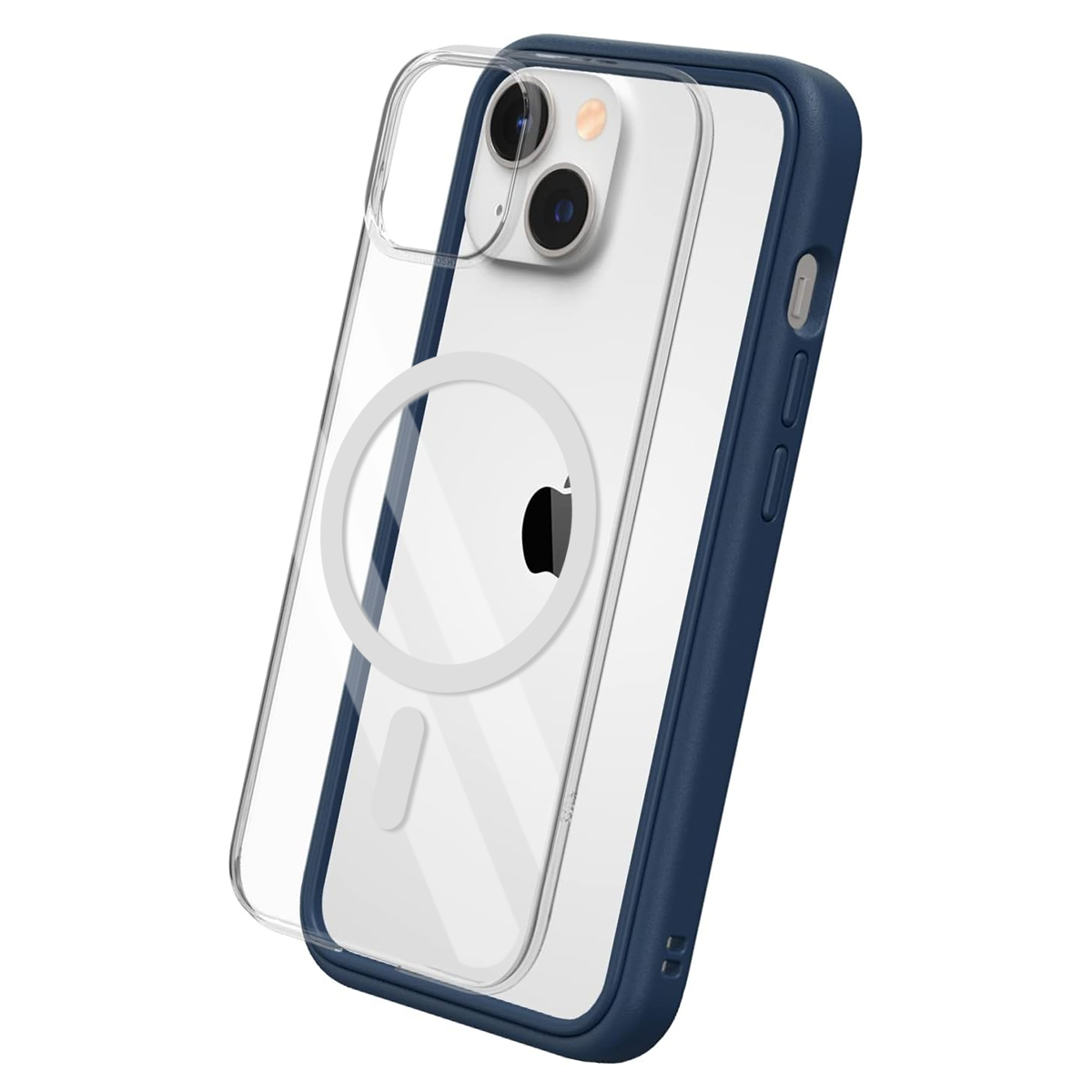 Un iPhone in una custodia trasparente con un paraurti blu. Il telefono ha tre obiettivi. Il logo Apple è visibile.