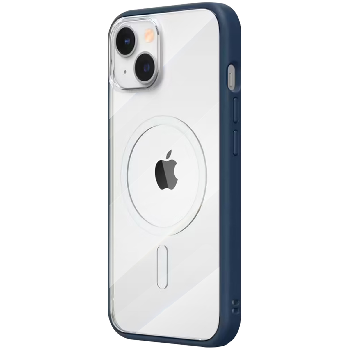 Custodia trasparente per telefono con paraurti blu. Un cerchio bianco con il logo Apple sul retro.