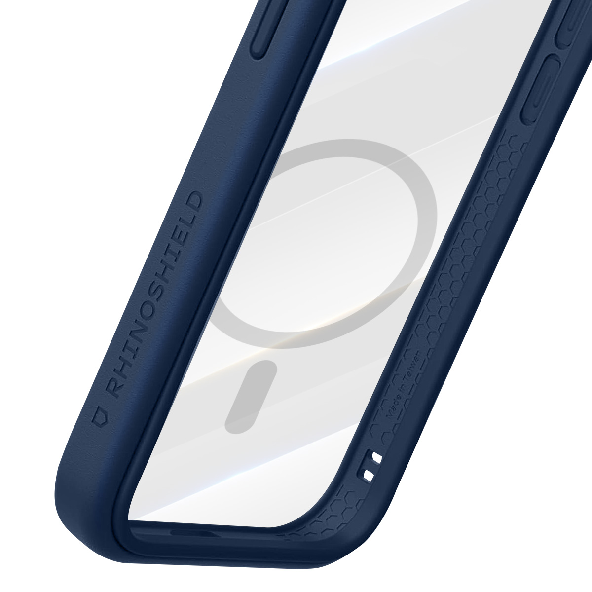 Una custodia per telefono blu scuro. Ha un retro trasparente con un segno circolare e la scritta RHINOSHIELD.