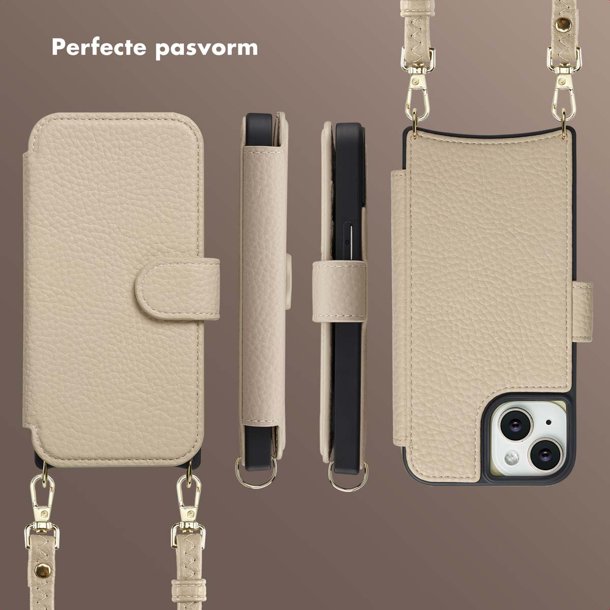 Étui de téléphone en cuir beige avec sangle, affiché sous plusieurs angles. Fermeture à bouton et découpe caméra sur fond marron.