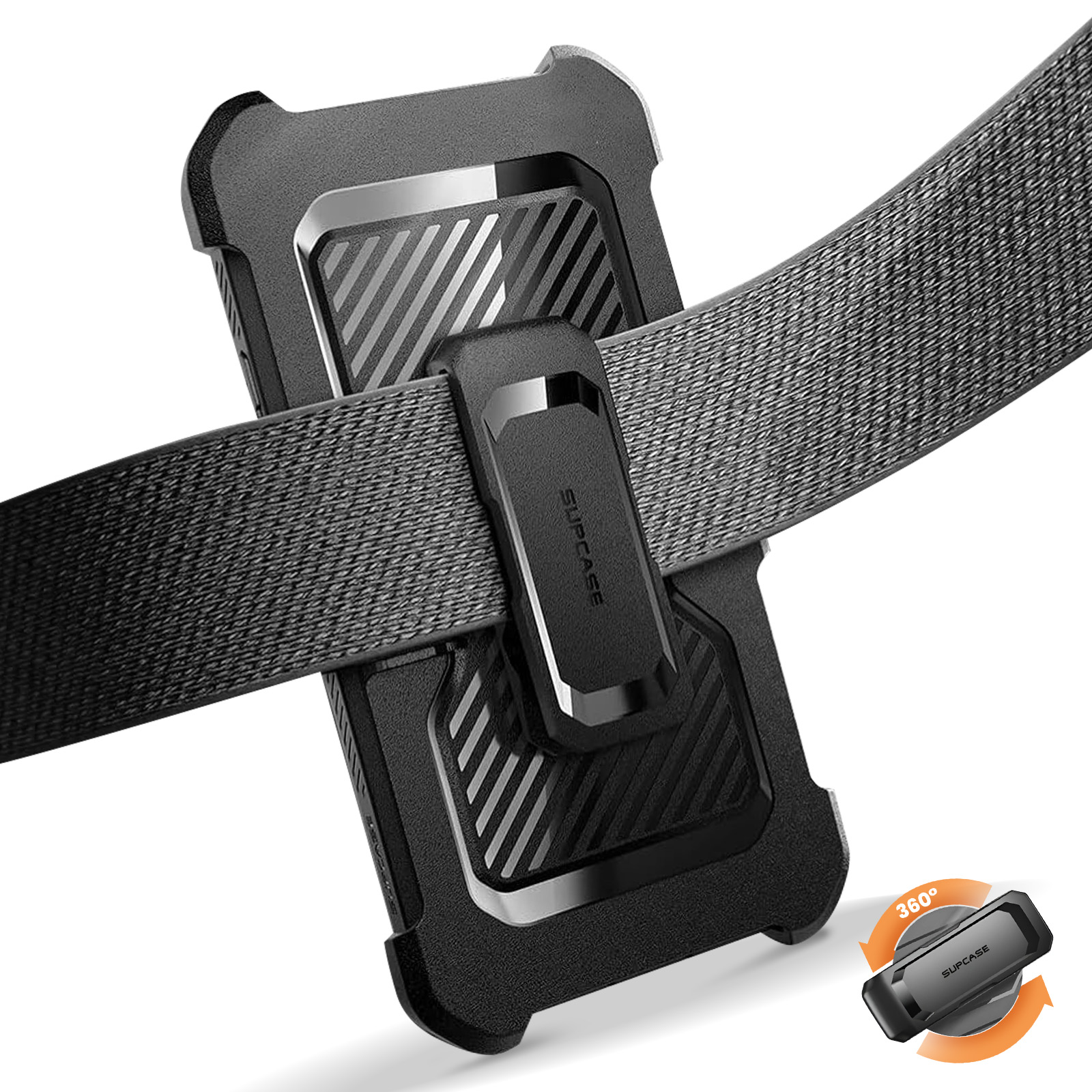 Custodia nera con clip da cintura, cinturino grigio. Il case ha un design argentato. Viene mostrata una clip rotante.