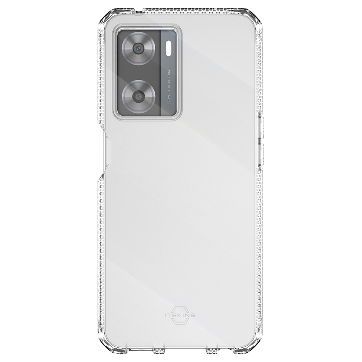 Una custodia trasparente per telefono con un telefono all'interno. Il telefono ha due fotocamere. La custodia ha il marchio 'ITSKINS'.