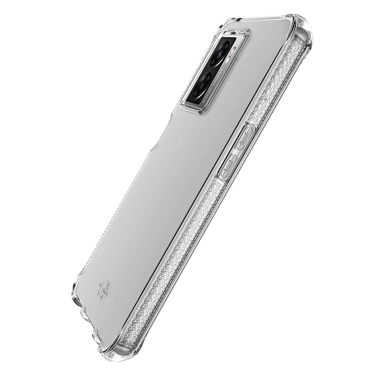 Custodia trasparente per telefono. La custodia ha un bordo decorato e copre un telefono con doppia fotocamera.