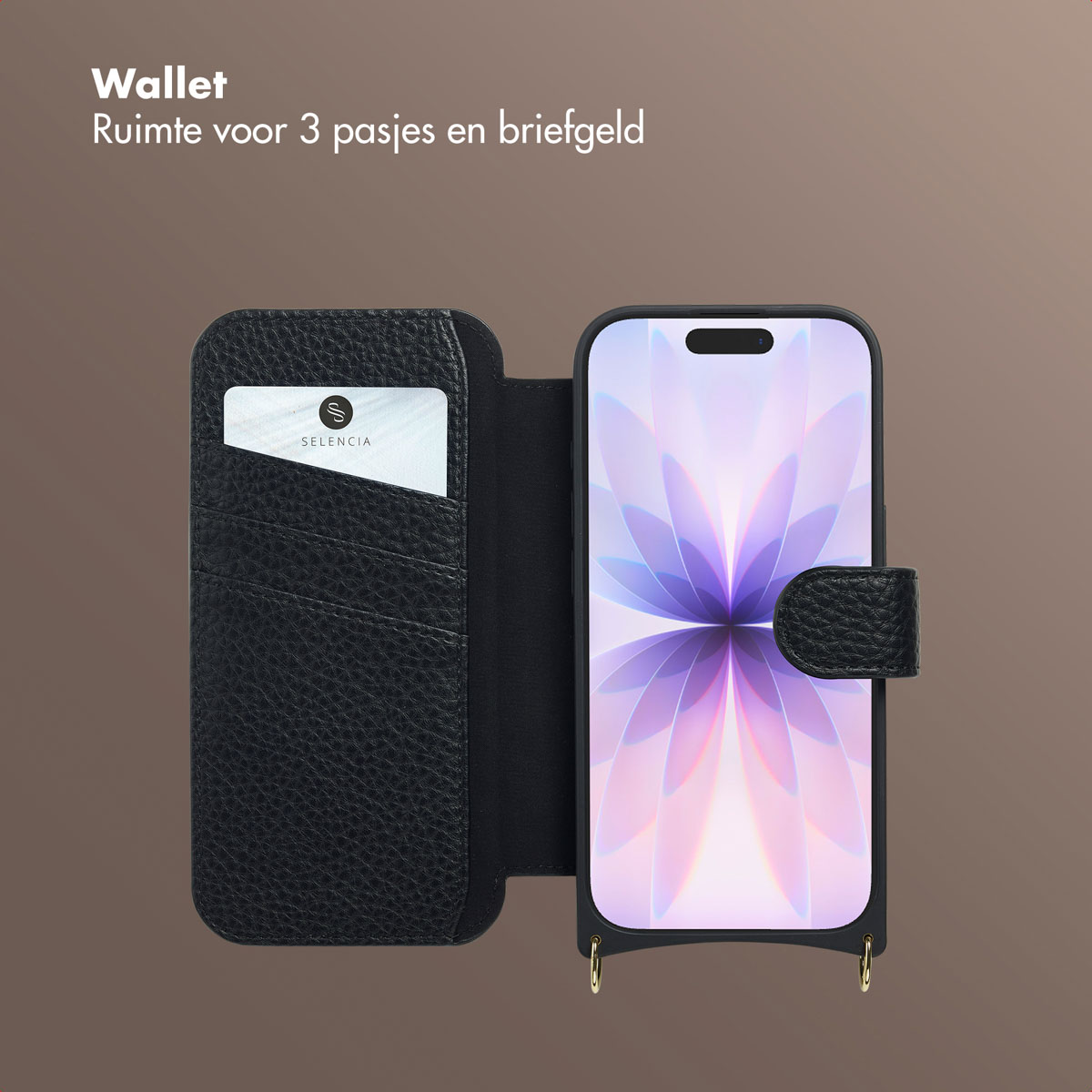 Étui portefeuille-téléphone en cuir noir avec un téléphone affichant un fond floral et une carte avec le logo Selencia.