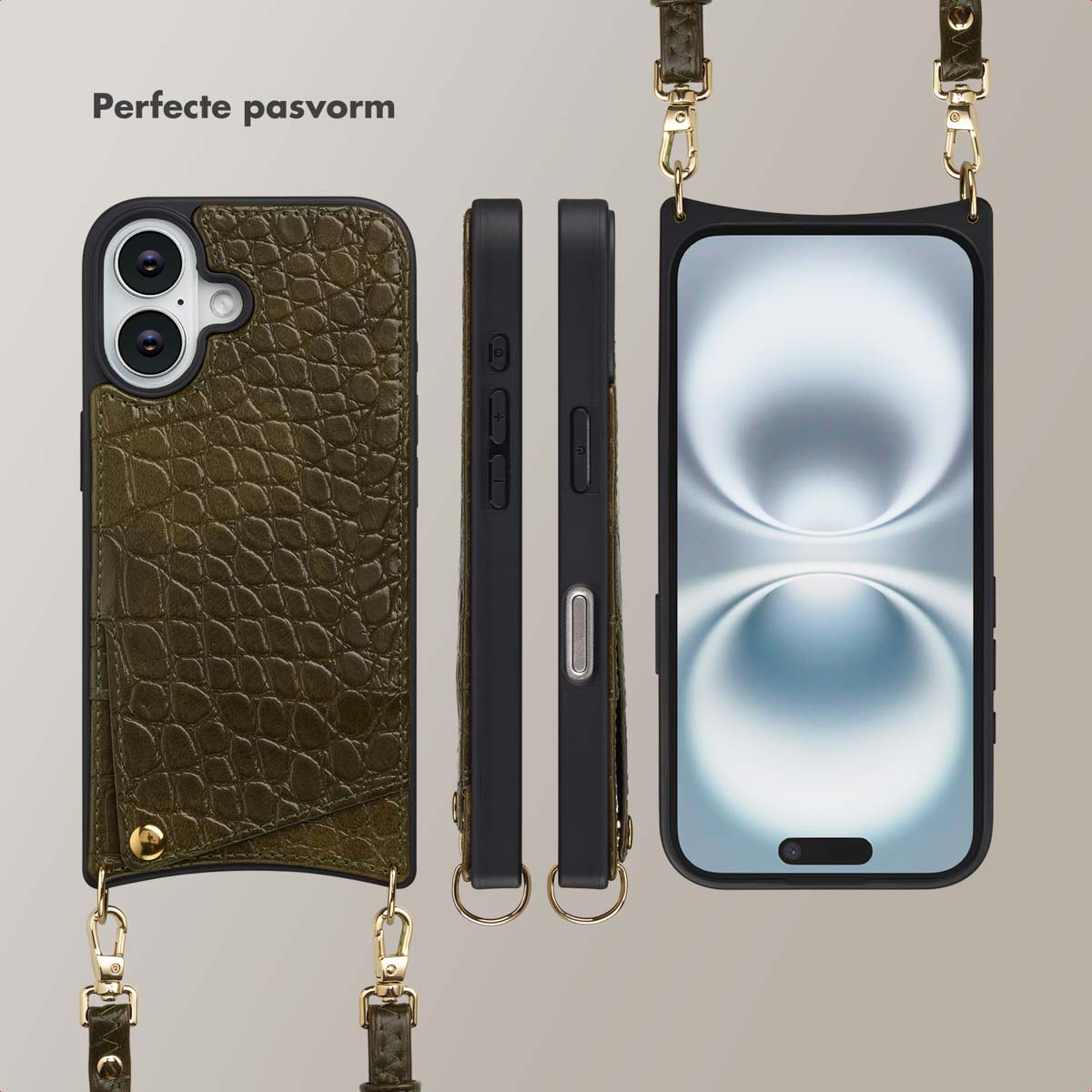 Olijfgroene leren telefoonhoes, met gouden hardware en een riem. Er wordt ook een telefoon met scherm getoond.
