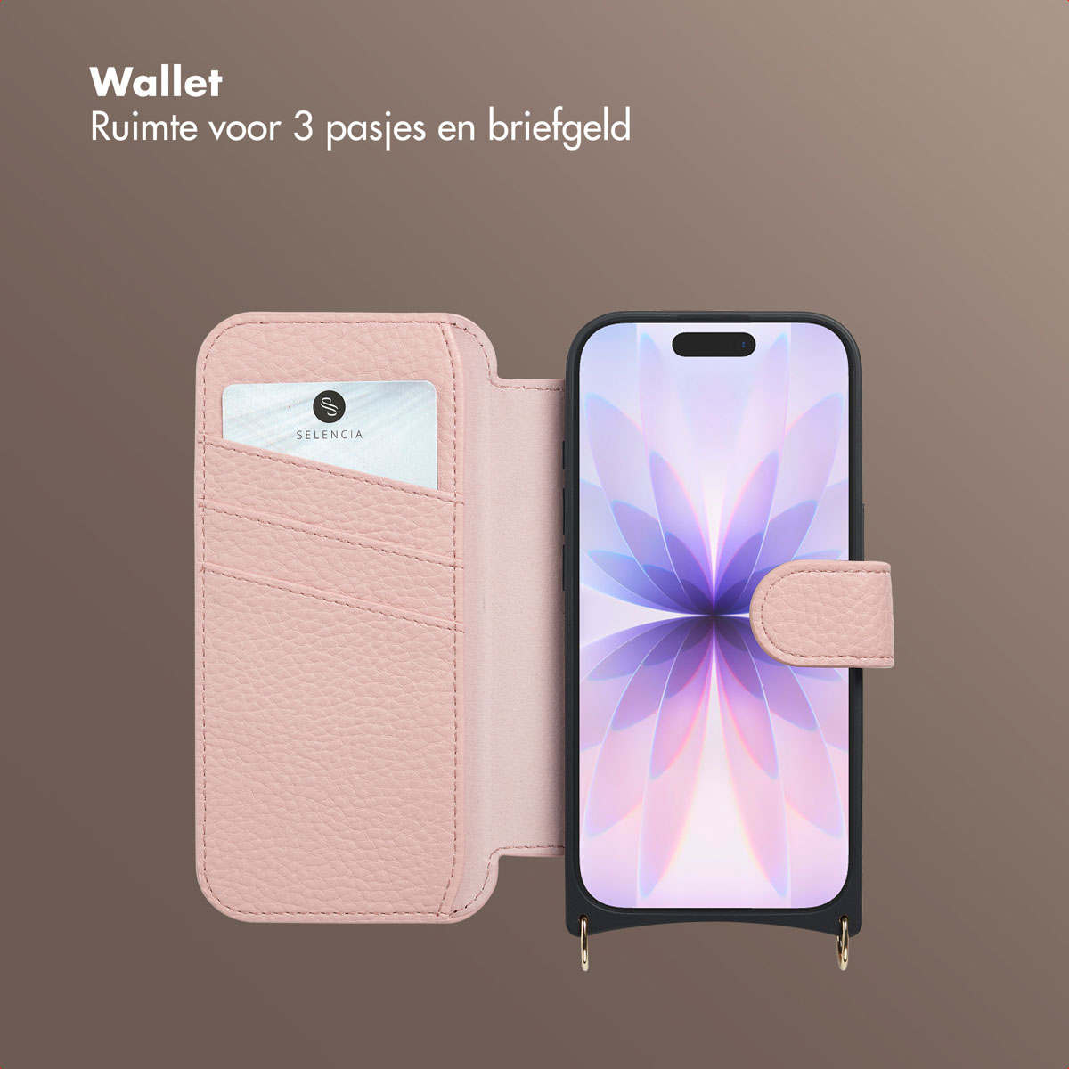 Étui portefeuille rose pour smartphone avec carte et téléphone. Le fond est marron.