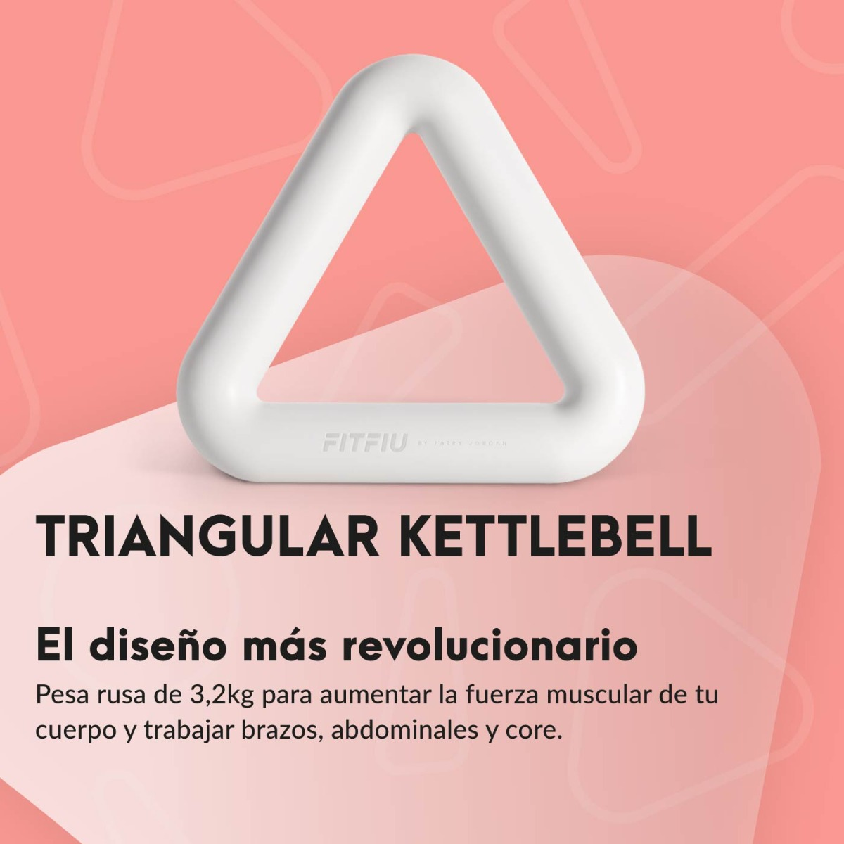 Una pesa rusa triangular blanca sobre fondo rosa. Texto: 'TRIANGULAR KETTLEBELL' y detalles sobre su uso.