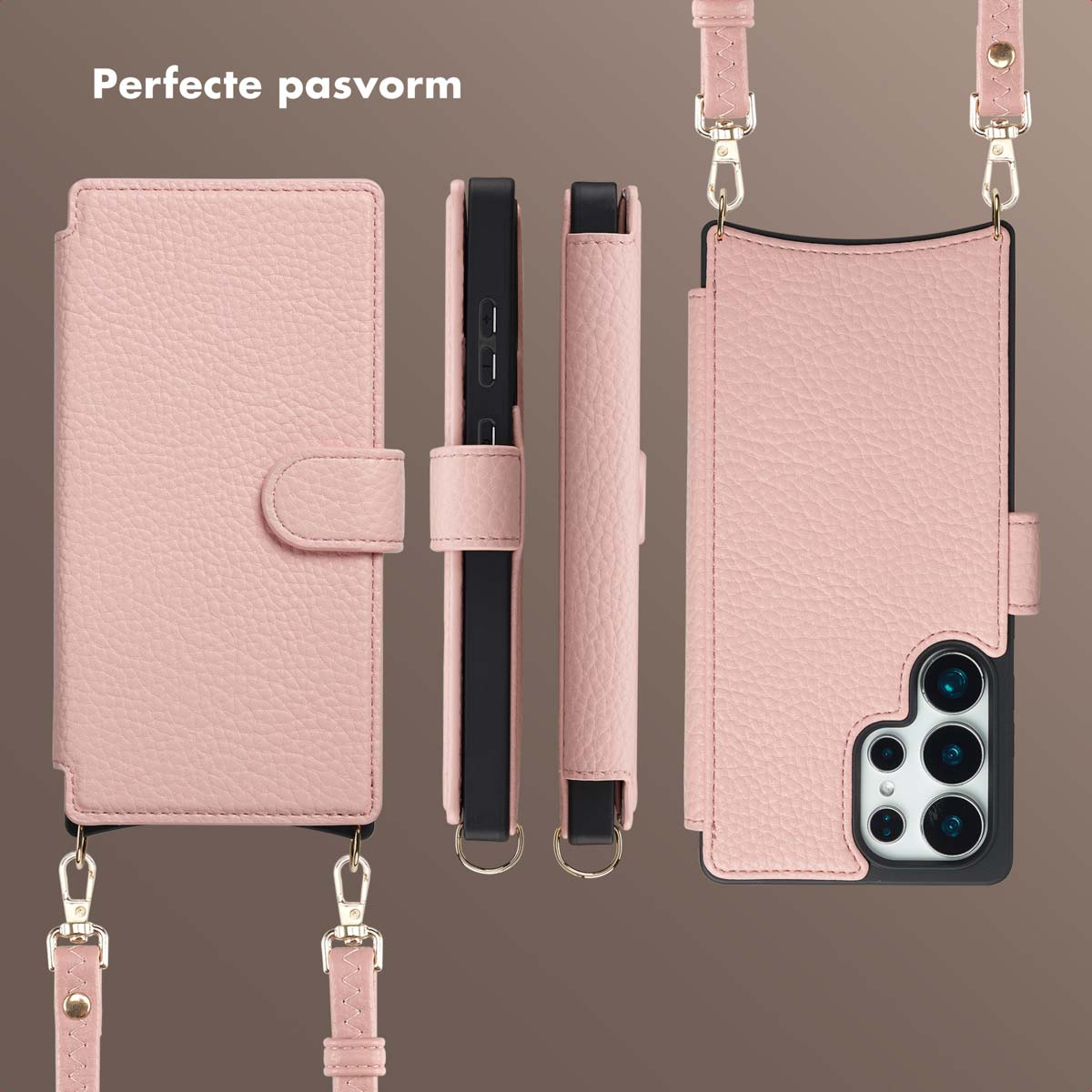 Coque de téléphone rose avec sangle, affichée sous plusieurs vues. Comprend un design portefeuille et un contour de téléphone visible.