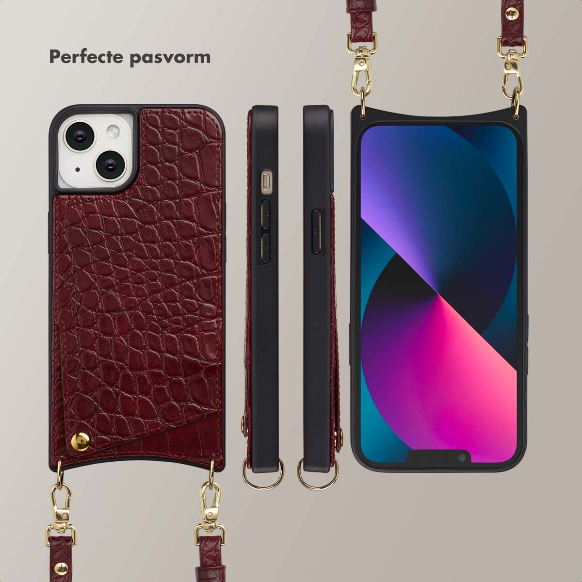 Telefoonhoesjes van bordeauxrood leer. Er zijn drie telefoons, die de voor-, zij- en achterkant laten zien. Riemen en gouden clips zijn zichtbaar.