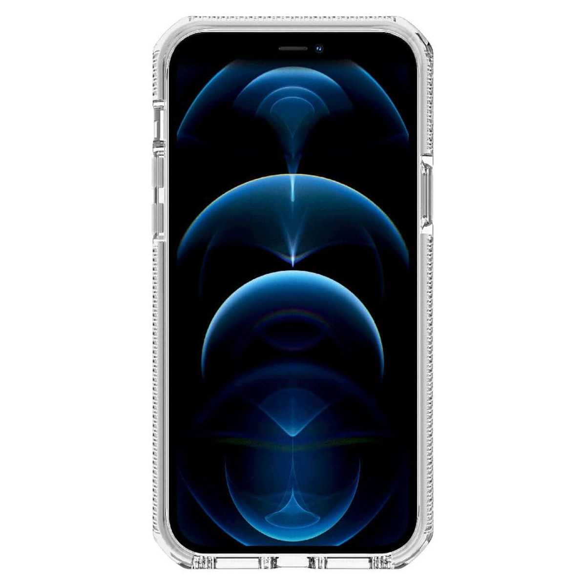 Un iPhone in una custodia trasparente. Lo schermo mostra un design blu astratto. La custodia ha un bordo strutturato e copribottoni.