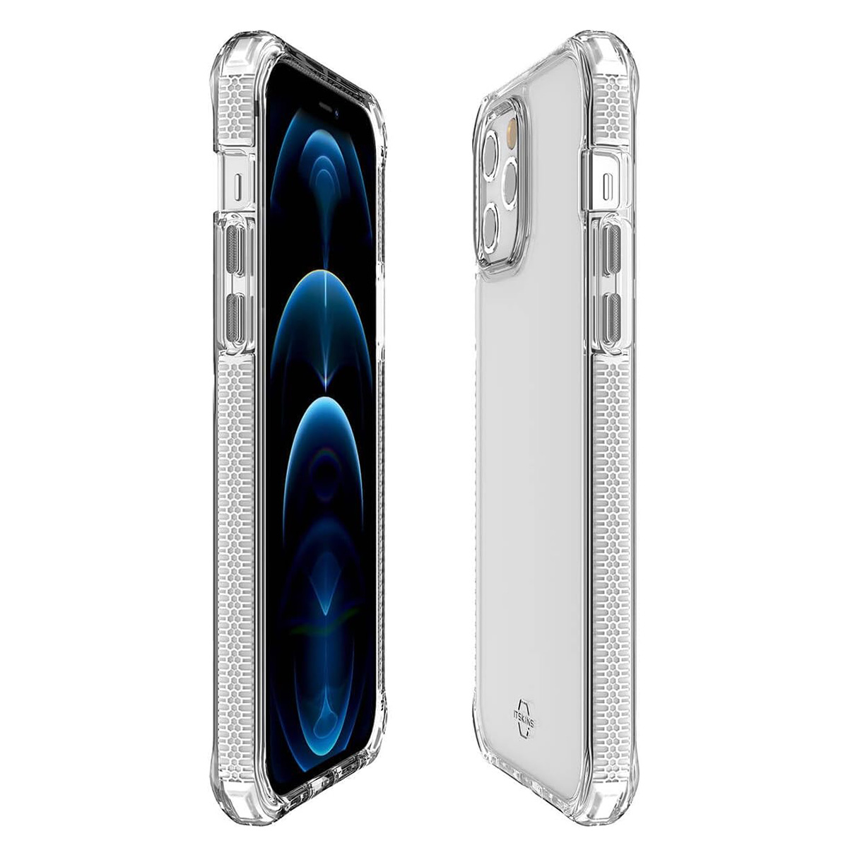 Due custodie trasparenti per telefono su sfondo bianco. Una mostra lo schermo del telefono con una sfumatura blu. Le custodie hanno un motivo a nido d'ape.