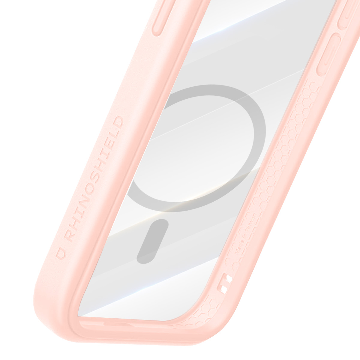 Una custodia rosa per telefono con un centro trasparente, parzialmente aperta. La custodia ha la scritta 'RHINOSHIELD'.