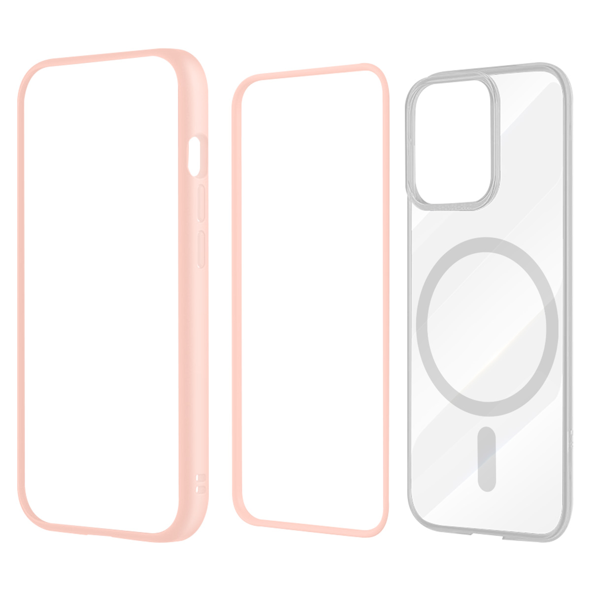 Tre custodie per telefono: rosa, cornice rosa e trasparente con anello grigio.