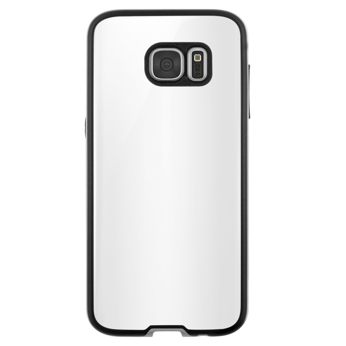 Eine weiße Smartphone-Hülle mit schwarzem Rahmen. Sie hat eine Kamera und einen Blitz oben und ist auf weißem Hintergrund isoliert.