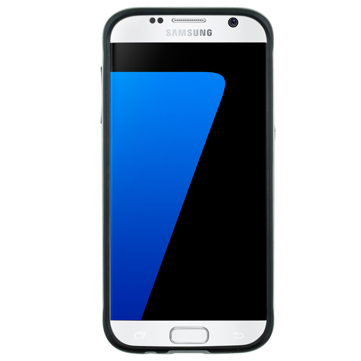 Ein Samsung Galaxy S7 in einer schwarzen Hülle. Der Bildschirm zeigt blaue und schwarze Farben. Das Telefon hat einen weißen Rahmen und eine Home-Taste.