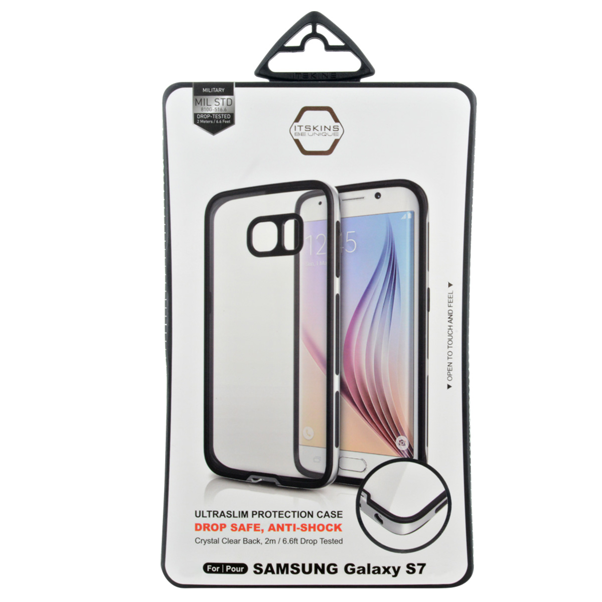 Eine Handyhüllenverpackung. Sie zeigt eine transparente Handyhülle mit einem Telefon darin. Text beinhaltet 'DROP SAFE' und 'SAMSUNG Galaxy S7'.