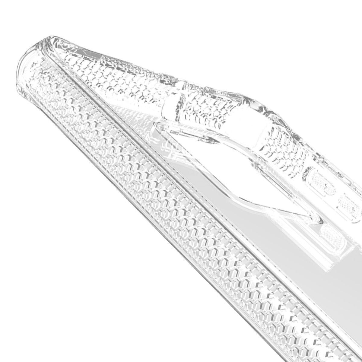 Eine transparente Handyhülle, diagonal angewinkelt, mit strukturierter Oberfläche und glattem, transparentem Bereich.