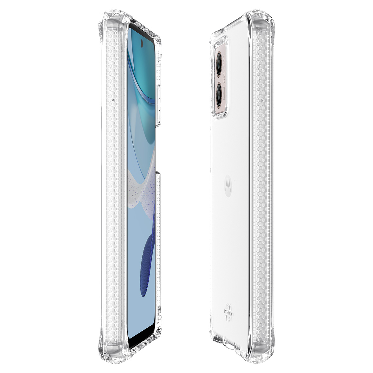 Zwei transparente Handyhüllen, eine mit einem blauen Bild. Beide Hüllen auf weißem Hintergrund zeigen das Design.