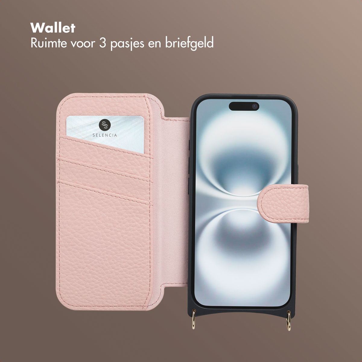 Roze portemonnee hoesje met telefoon. Een creditcard zit in een sleuf. De telefoon zit in een zwarte hoes met een roze flap.