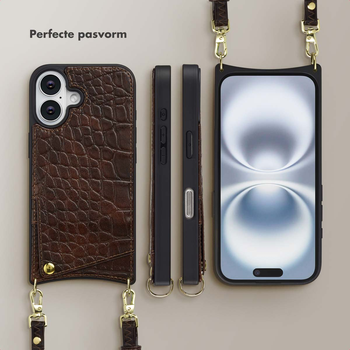 Een telefoonhoesje met een bruine leertextuur en een riem. Er worden drie zwarte telefoonhoesjes weergegeven, een met een telefoon.