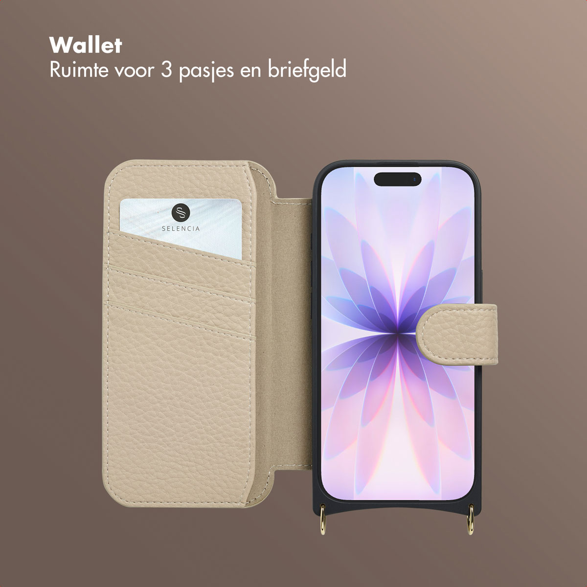 Étui portefeuille-téléphone beige ouvert, montrant une carte avec un logo et un smartphone avec fond floral.