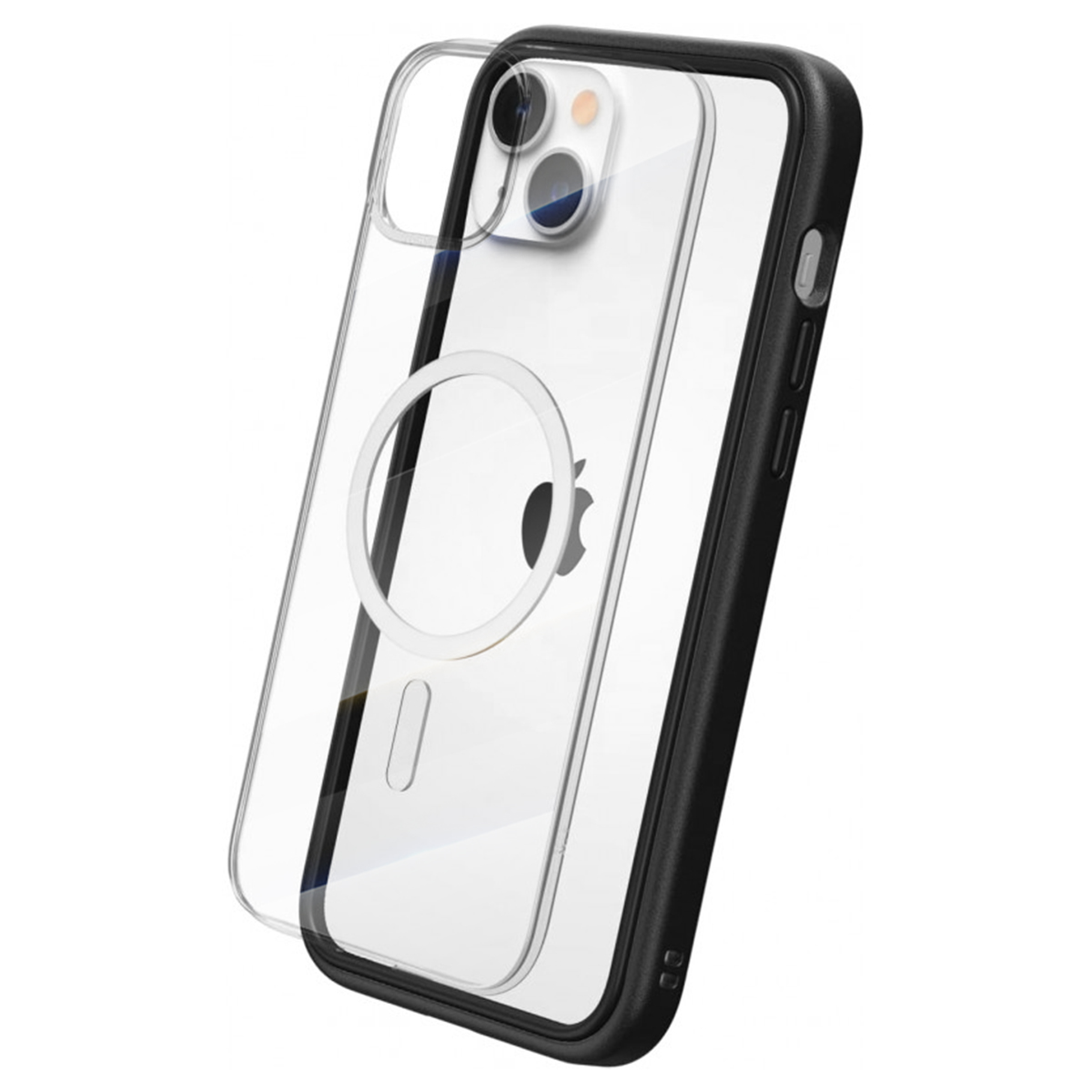 Un iPhone in una custodia trasparente con cornice nera. Il telefono ha il logo Apple e un caricatore MagSafe circolare.