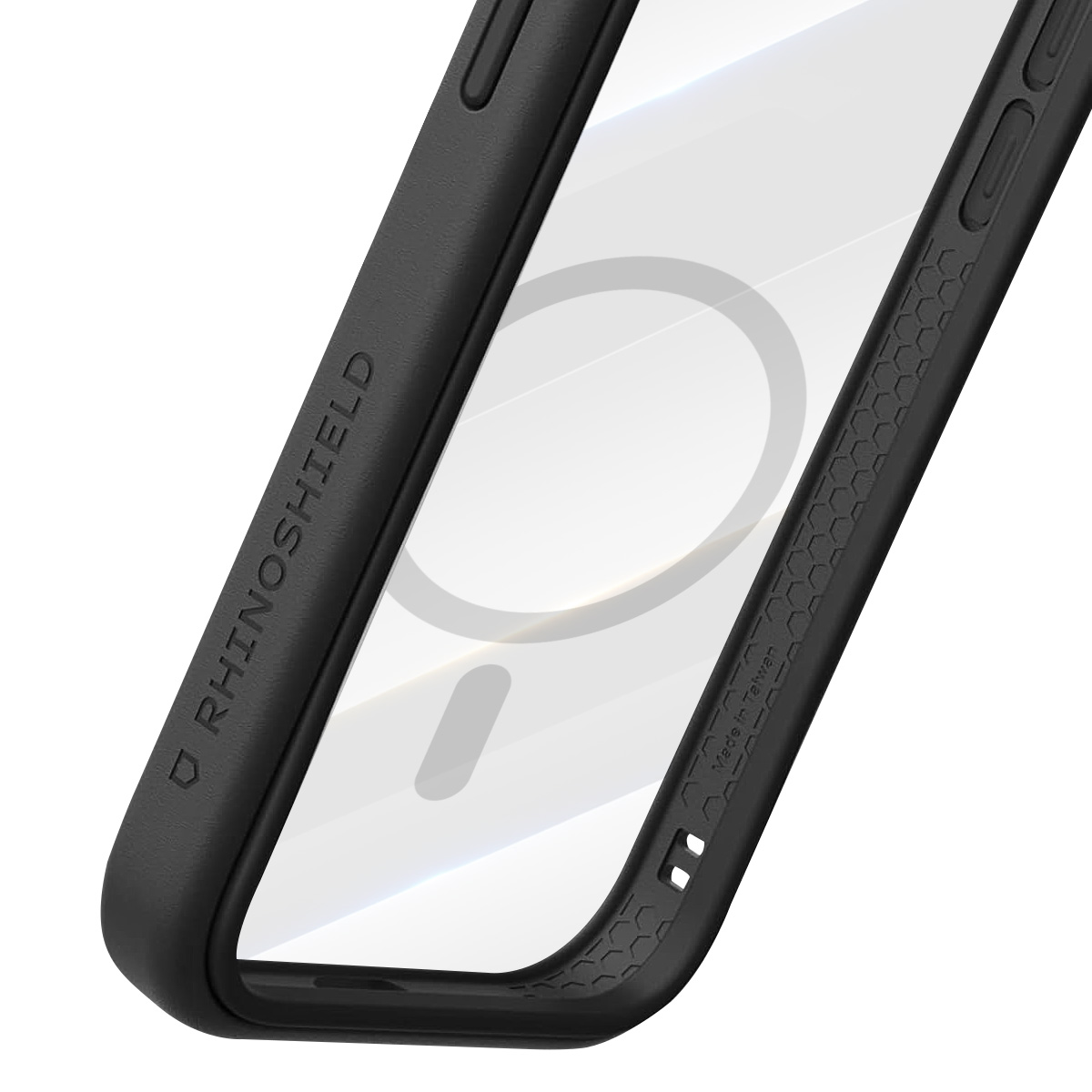 Una custodia nera per telefono con centro trasparente. La custodia ha la scritta 'RhinoShield' e un motivo esagonale.