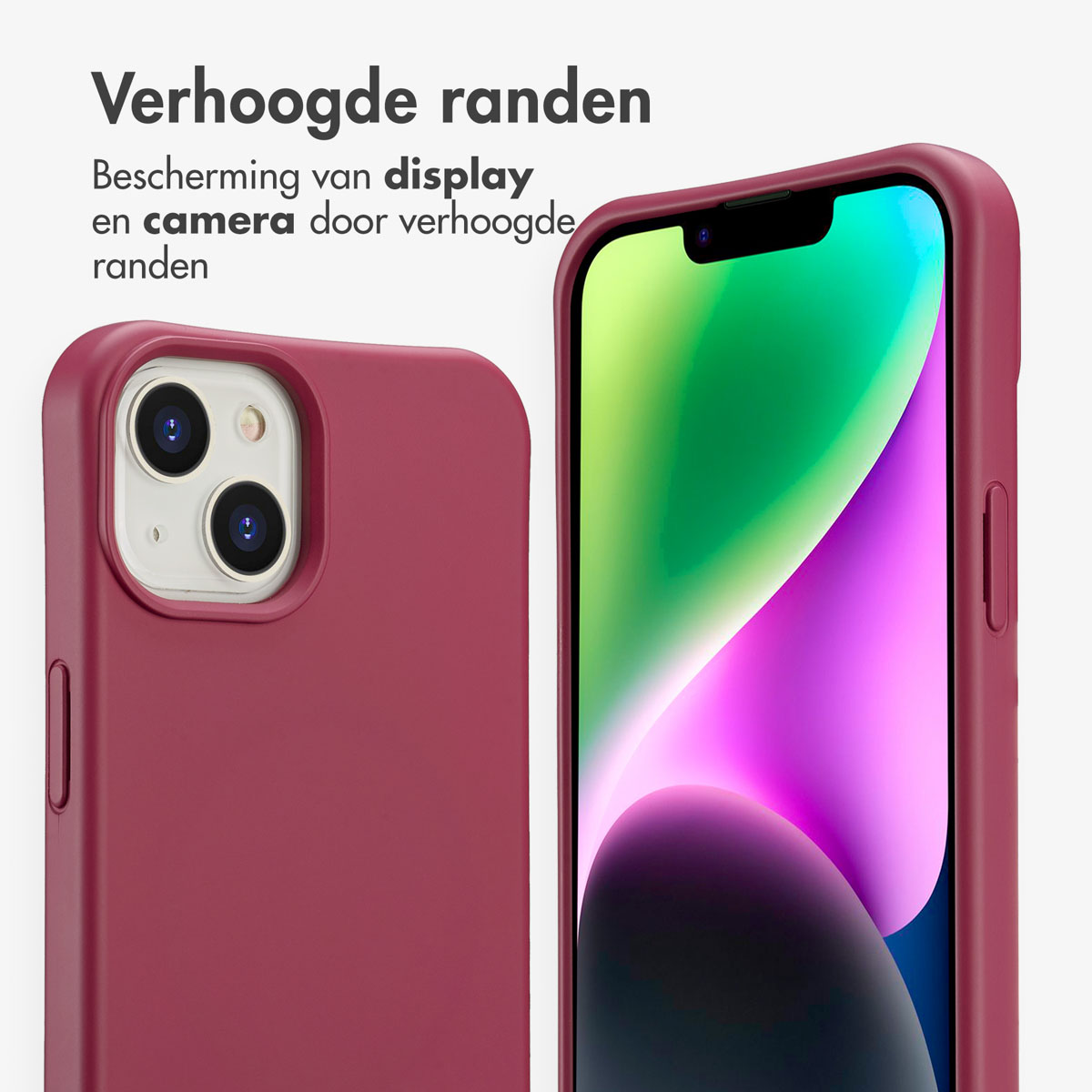 Twee bordeauxrode telefoonhoesjes beschermen een telefoon met een kleurrijk scherm. Tekst: 'Verhoogde randen' en 'Bescherming van display en camera'.