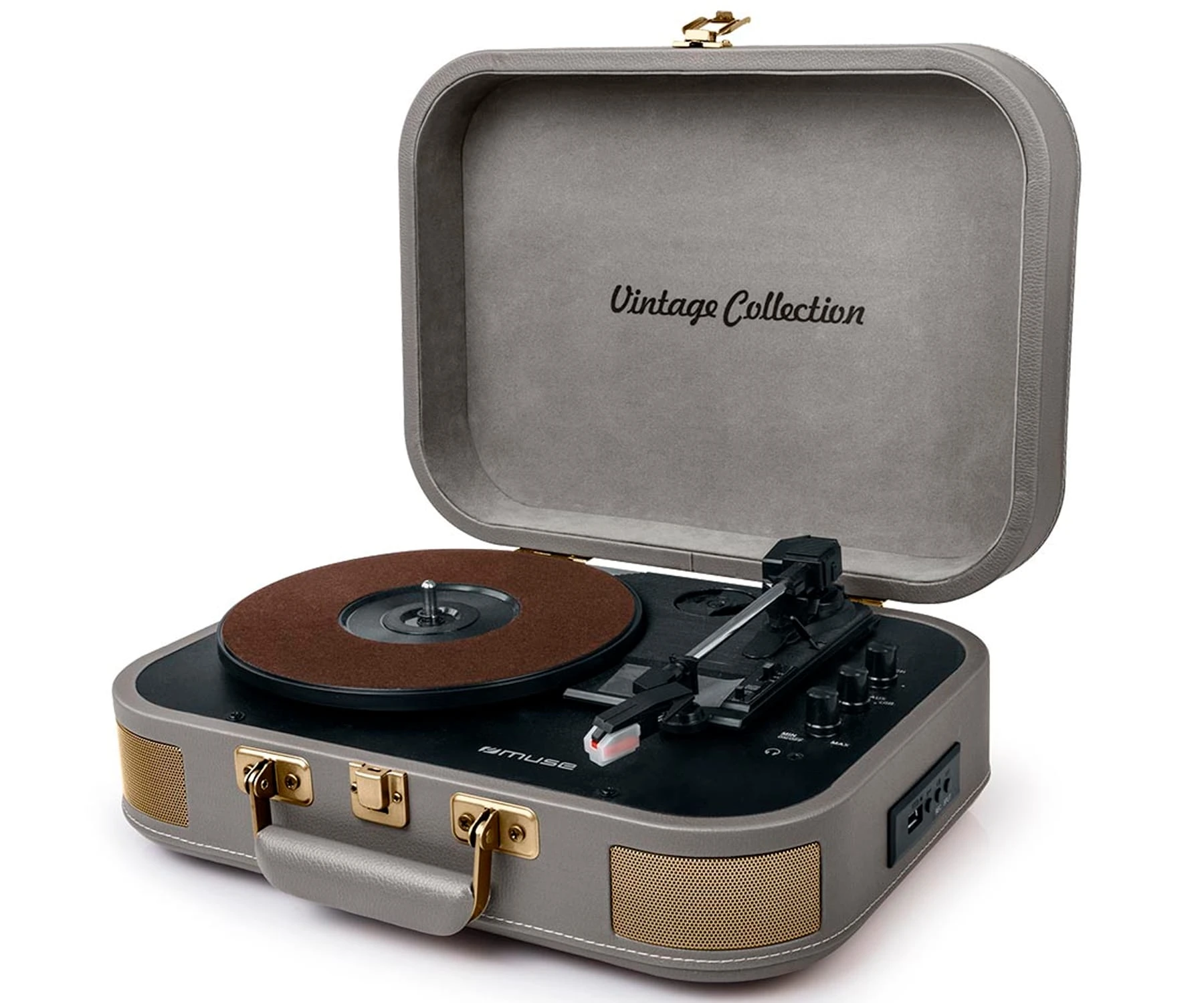 Un tocadiscos vintage gris, abierto, con un disco marrón en el plato giratorio. Detalles dorados en los cierres y el asa.